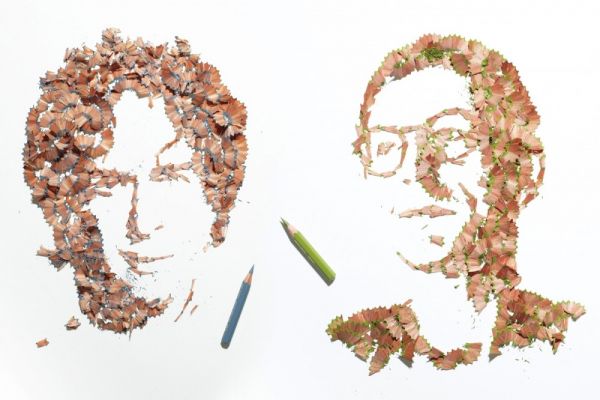 Un artiste crée des portraits avec des retailles de crayons