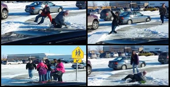 Divertissant : Voyez ce père qui s&rsquo;esclaffe à regarder les enfants d&rsquo;une école tomber sur la glace
