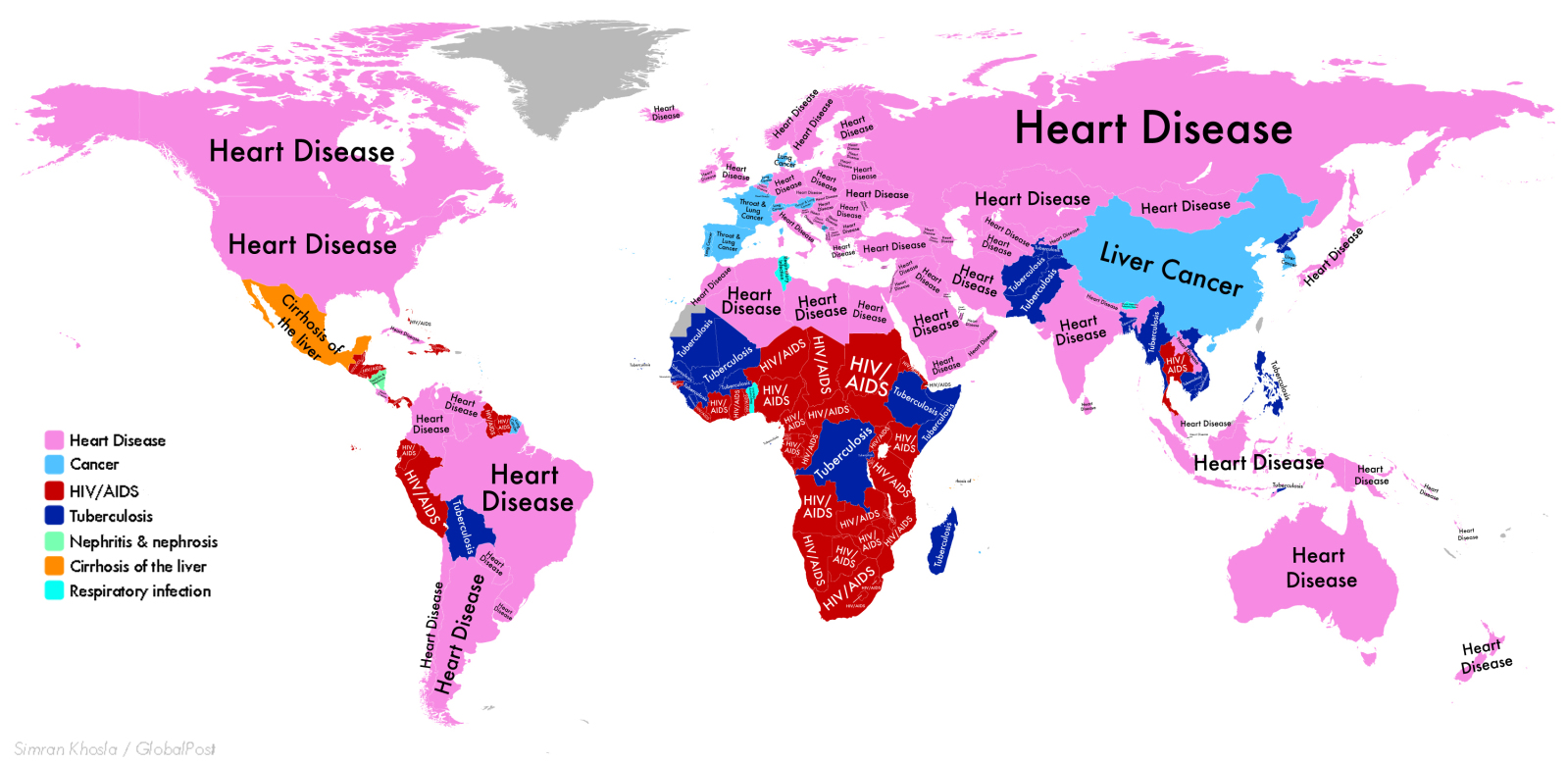 Une carte qui démontre la maladie la plus mortelle dans chaque pays
