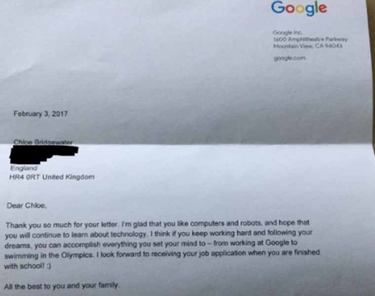 À 7 ans, elle postule chez Google…et reçoit une lettre du PDG !